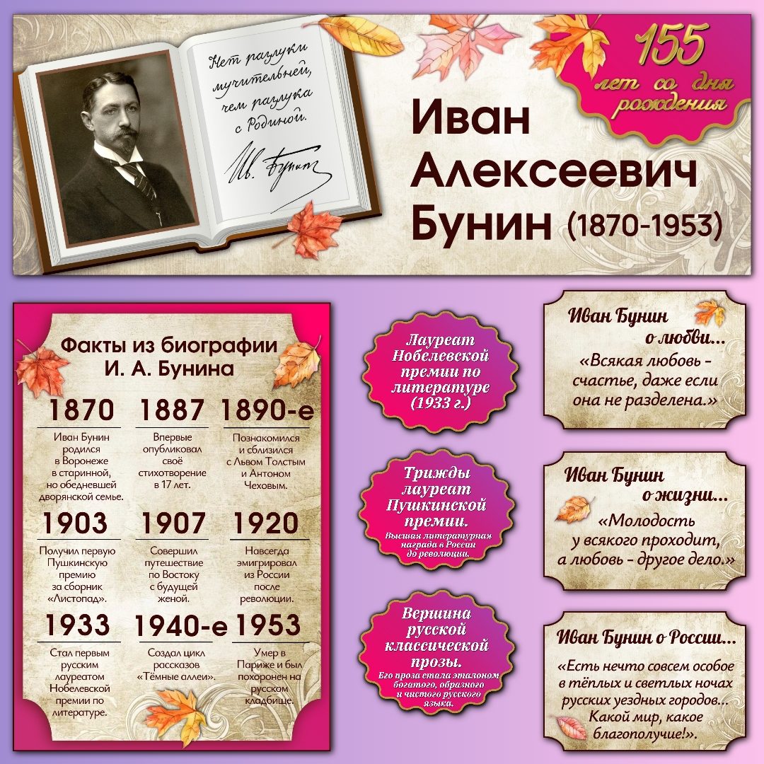 Оформление "155 лет со дня рождения И. А. Бунина" 22 октября