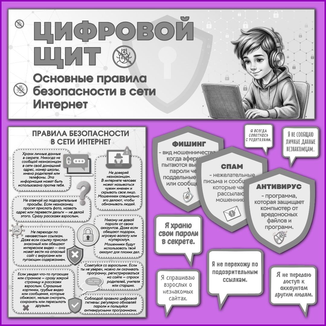 Оформление "Цифровой щит. Основные правила безопасности в сети Интернет". Разговоры о важном, 2 марта, черно-белый вариант.