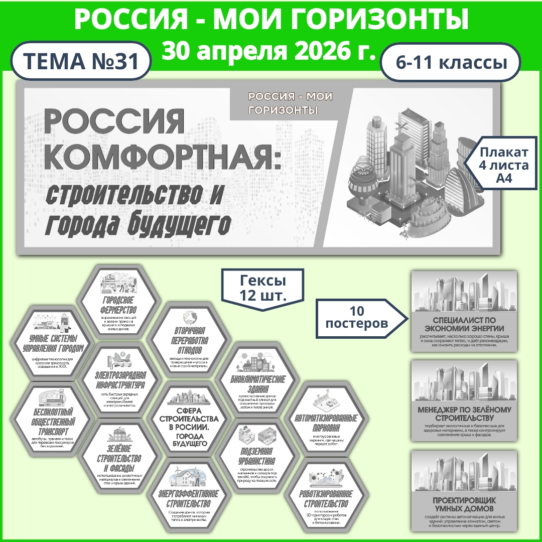 Оформление класса «Россия комфортная: строительство и города будущего», Россия — мои горизонты, 30 апреля, черно-белый вариант.
