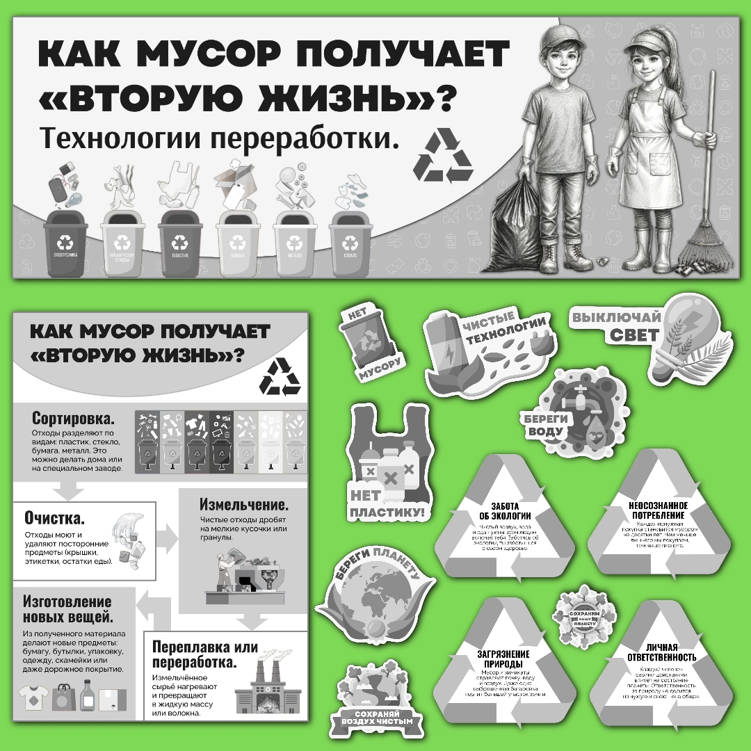 Оформление "Как мусор получает «вторую жизнь»? Технологии переработки". Ко Дню Земли, 22 апреля, черно-белый вариант.