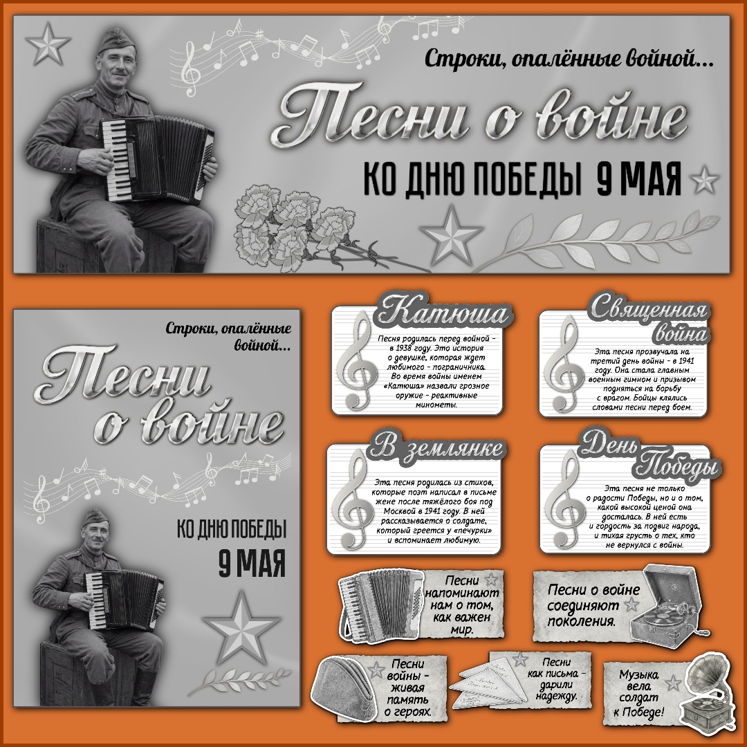 Оформление класса "Песни о войне". Ко Дню Победы. Разговоры о важном, 4 мая, черно-белый вариант.