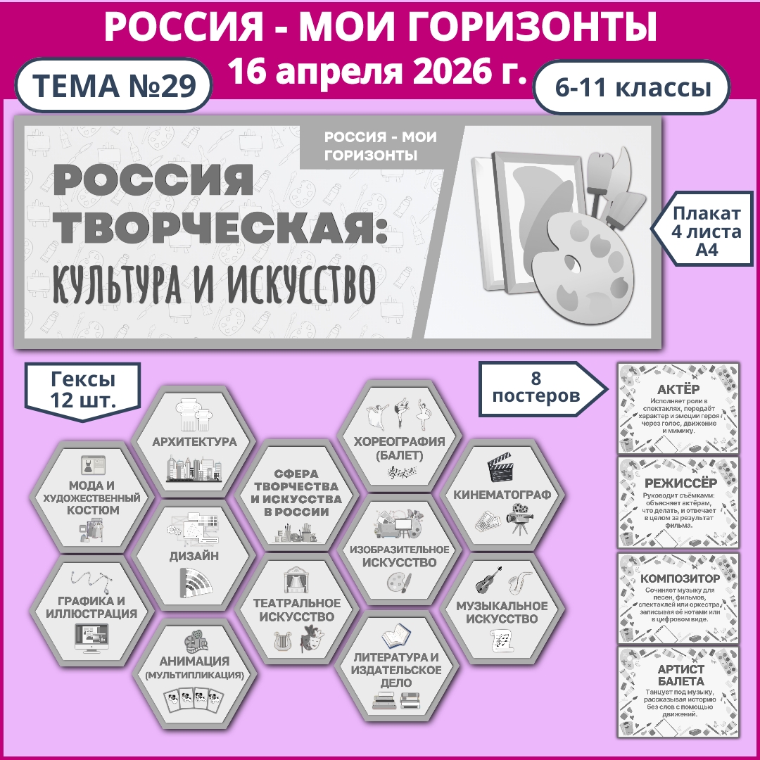 Оформление «Россия творческая: культура и искусство», Россия - мои горизонты, тема 29, 16 апреля, черно-белый вариант.