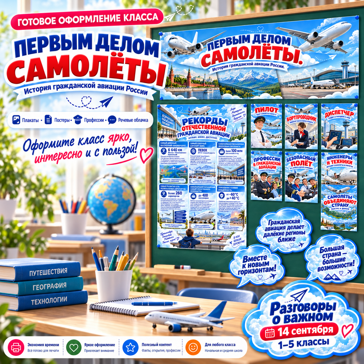 Оформление «Первым делом самолёты. История гражданской авиации России», Разговоры о важном 14 сентября 2026