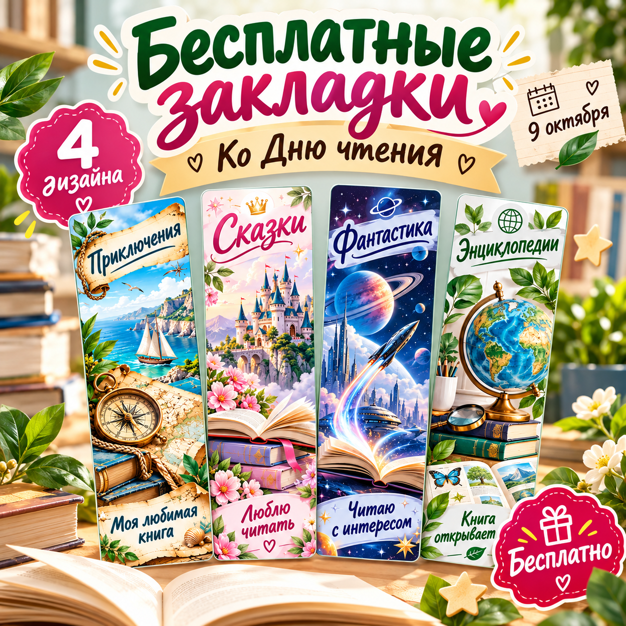 Бесплатные закладки ко Всероссийскому дню чтения, 9 октября.