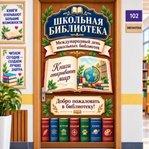 Оформление двери в школьную библиотеку ко Дню школьных библиотек 26 октября.