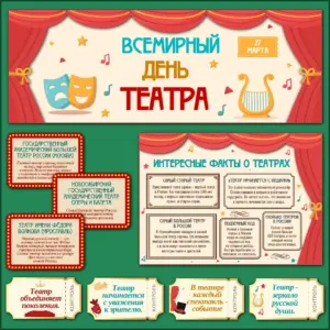 Оформление класса ко Всемирному дню театра: плакаты о театрах России и мире театра.