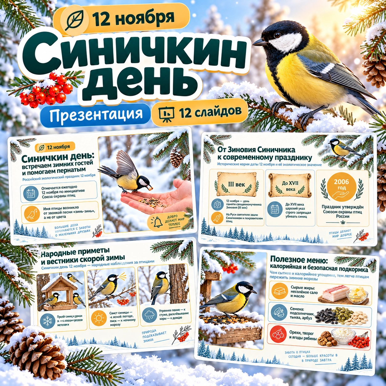Презентация Синичкин день 12 ноября для школы. Материал о зимующих птицах.